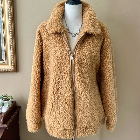 Express Camel Cozy Teddy Jacket Brown Tan Sherpa  Fleece Oversized Zip Size XS - Picture 4 of 14